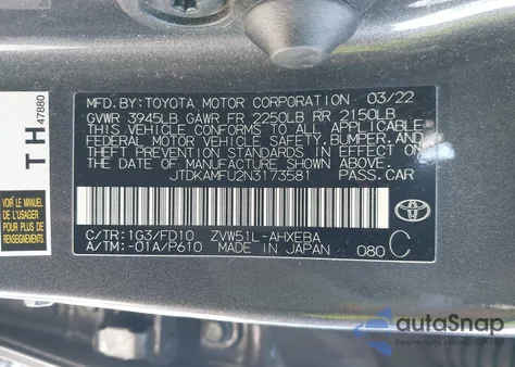 2022 Toyota Prius Le z USA, uszkodzony, nr VIN JTDKAMFU2N3173581